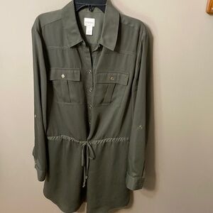 Chicos Womens Green Button Front Draw Waist Tunic Length Blouse - Size 1 (M)